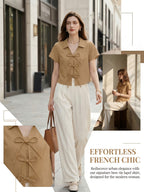 Women's Korean-style Lapel Short Sleeve Solid Color Shirt with Tie Bow - Khaki