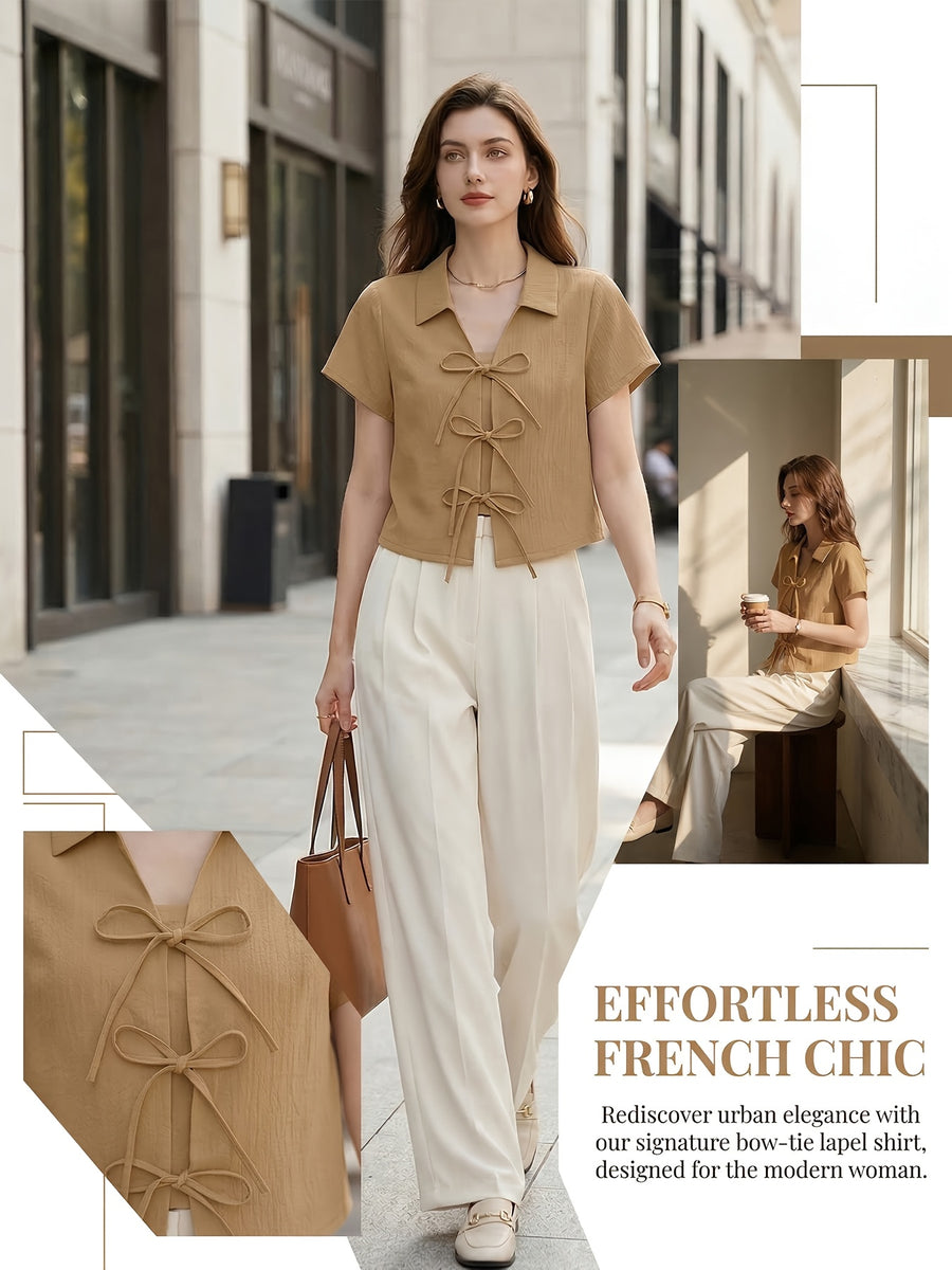 Women's Korean-style Lapel Short Sleeve Solid Color Shirt with Tie Bow - Khaki