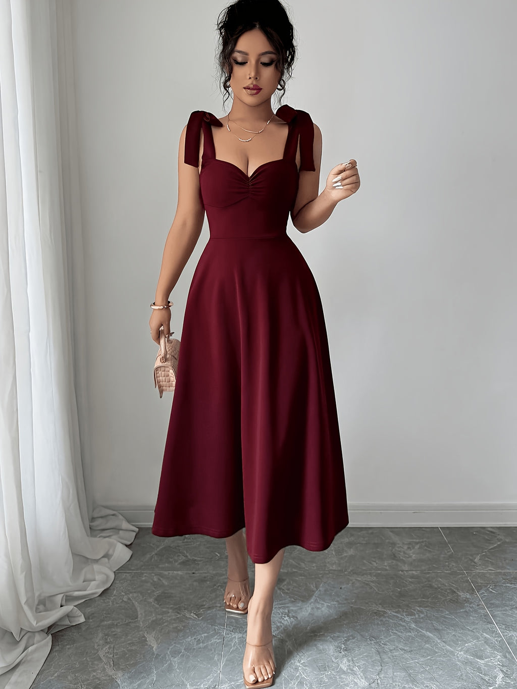 Women's Elegant Sleeveless Tie-Waist A-Line Dress - Burgundy