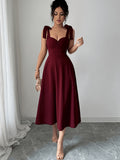 Women's Elegant Sleeveless Tie-Waist A-Line Dress - Burgundy