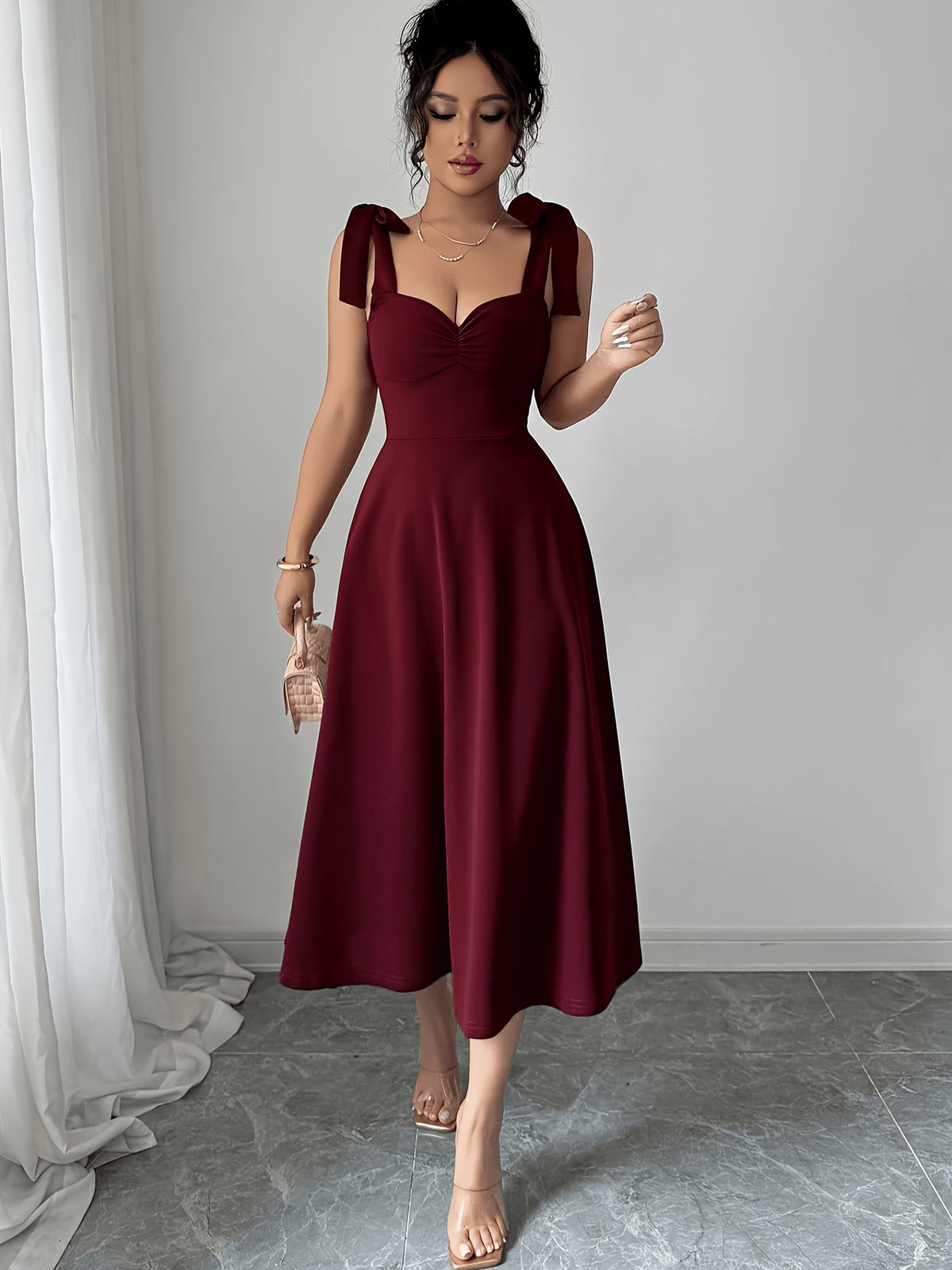 Women's Elegant Sleeveless Tie-Waist A-Line Dress - Burgundy