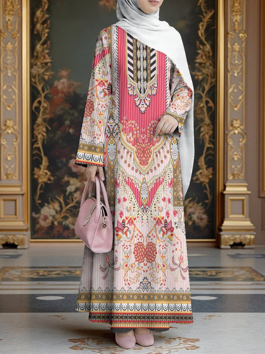 Women's Middle Eastern Style Muslim Elegant Robe, Vintage Ethnic Full-Print Long Dress, Loose Long-Sleeve Prayer Attire, for Daily Outings and Parties, Smooth and Breathable Non-Embroidered Craft, Muslim Women's Clothing for Covering and - Mixed colors
