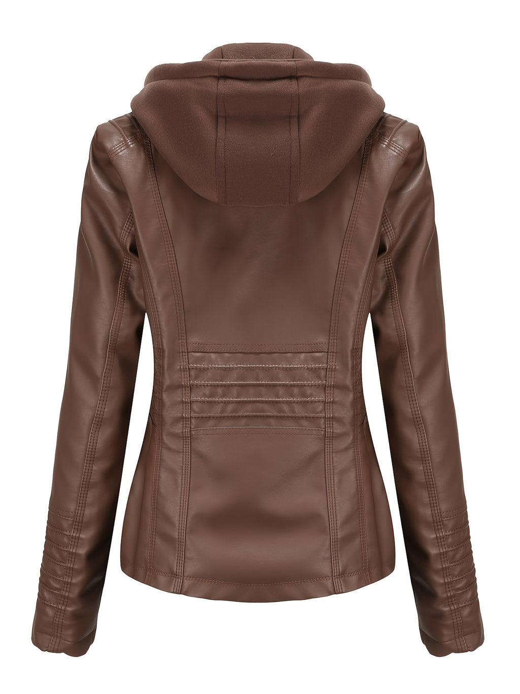 In-Stock Women's Hooded PU Jacket for Spring and Autumn Wear, 2-in-1 Hooded Look Coat with Pockets, Motorcycle Jacket with Hood Design - Coffee Color