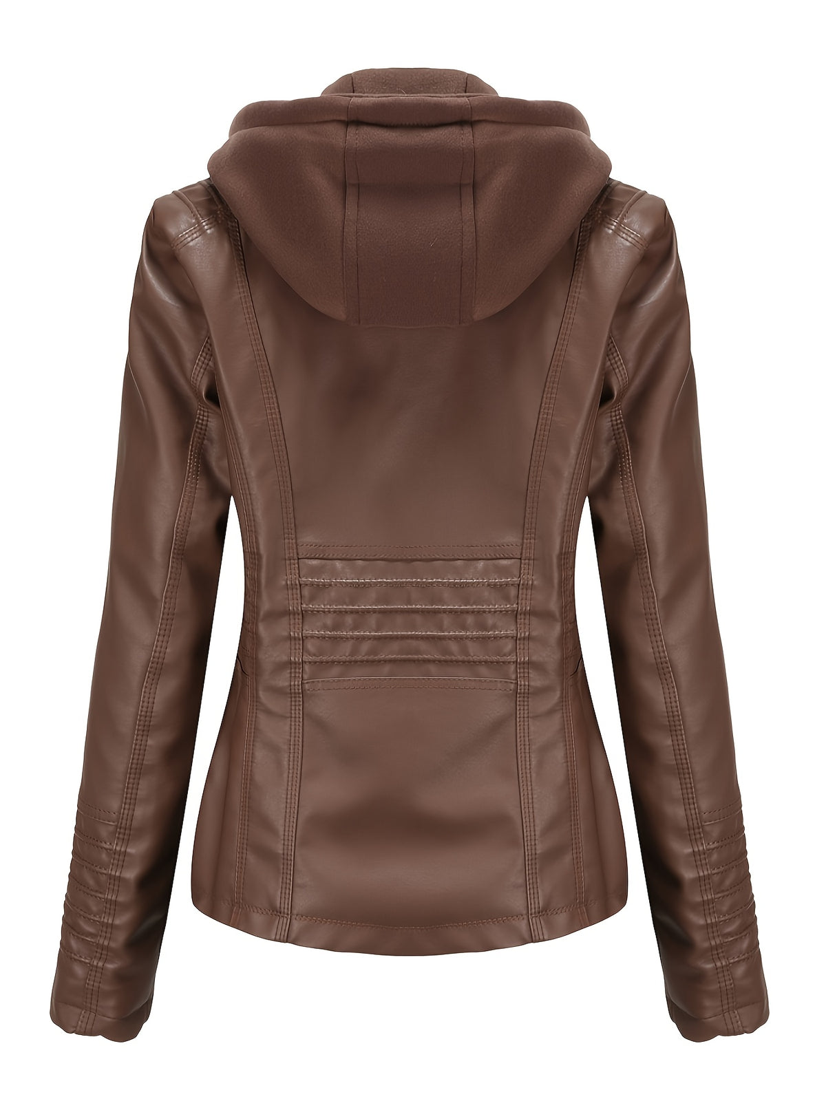 In-Stock Women's Hooded PU Jacket for Spring and Autumn Wear, 2-in-1 Hooded Look Coat with Pockets, Motorcycle Jacket with Hood Design - Coffee Color