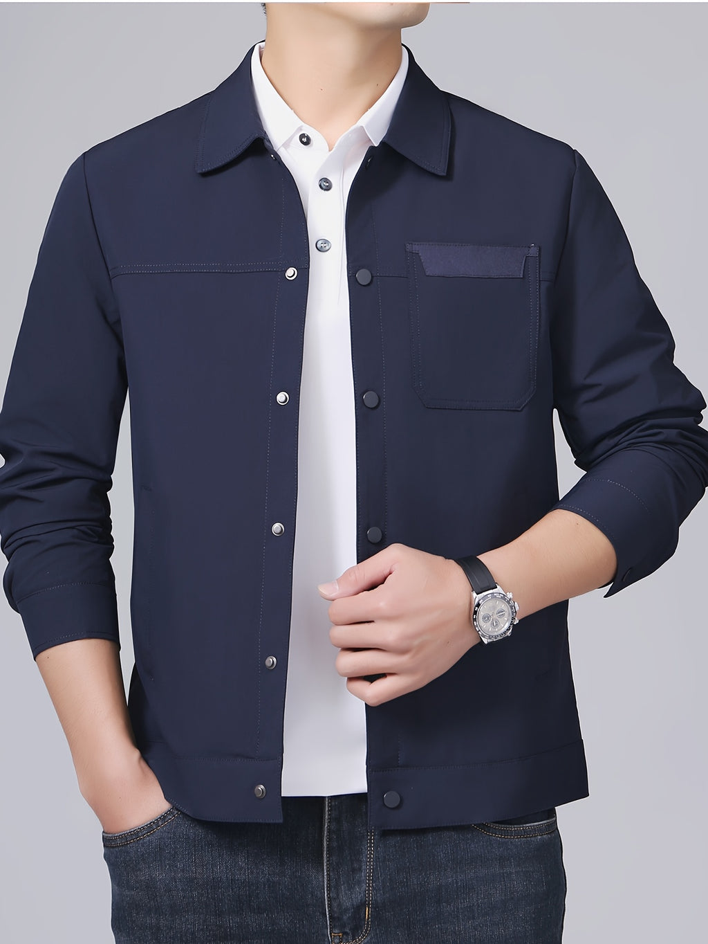 Spring New Lapel Button- Men'S Jacket, Durable And Thin Business Casual Wear, Versatile Long-Sleeve Men'S Top MD12601 - Navy Color