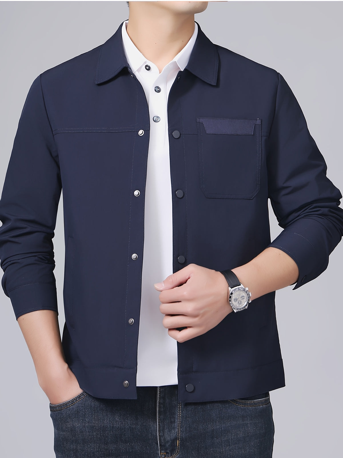 Spring New Lapel Button- Men'S Jacket, Durable And Thin Business Casual Wear, Versatile Long-Sleeve Men'S Top MD12601 - Navy Color