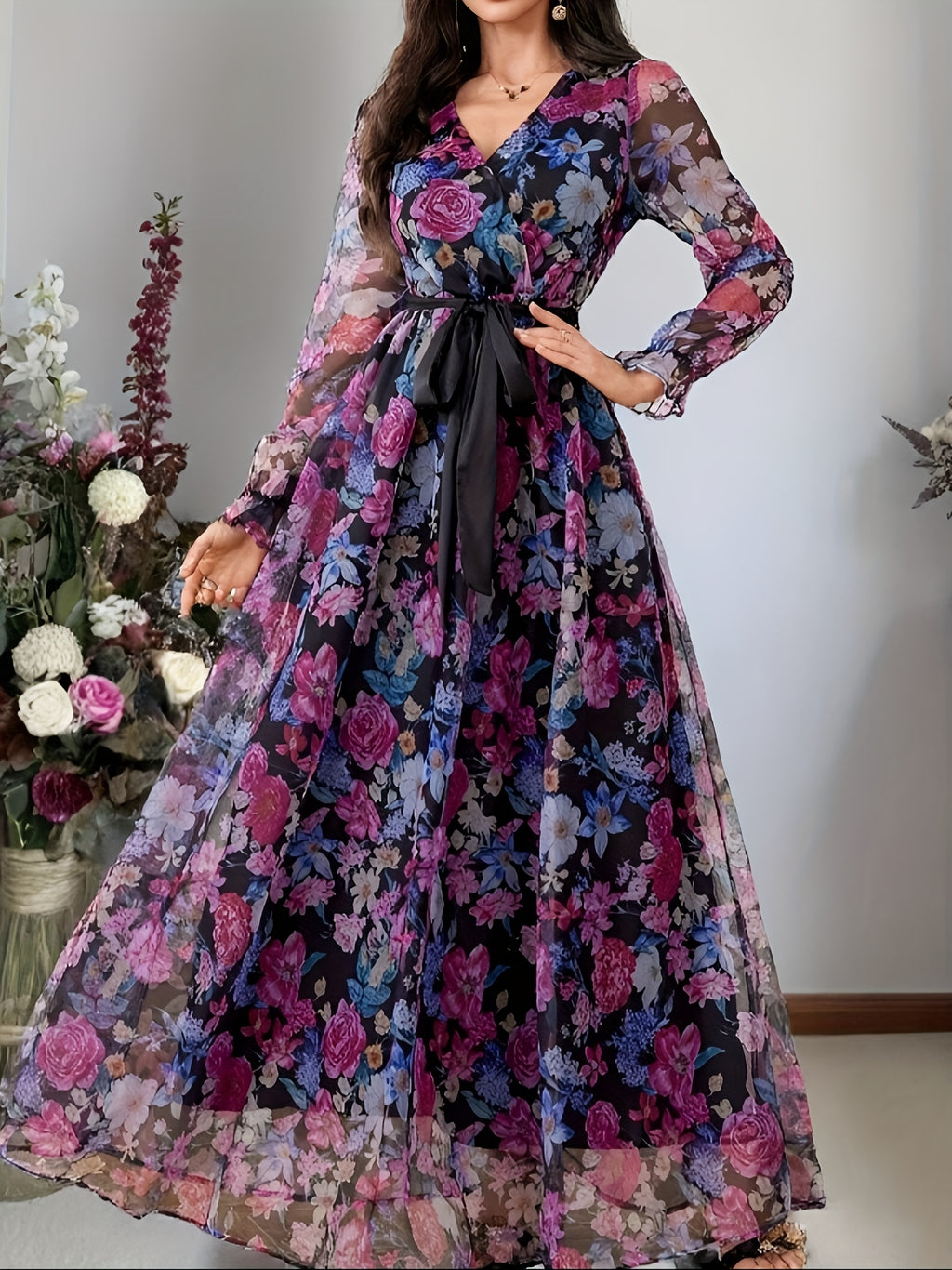 New elegant ladies cross collar lantern long sleeve waist oversized swing floral fashion mesh print romantic holiday maxi dress - Multicolor