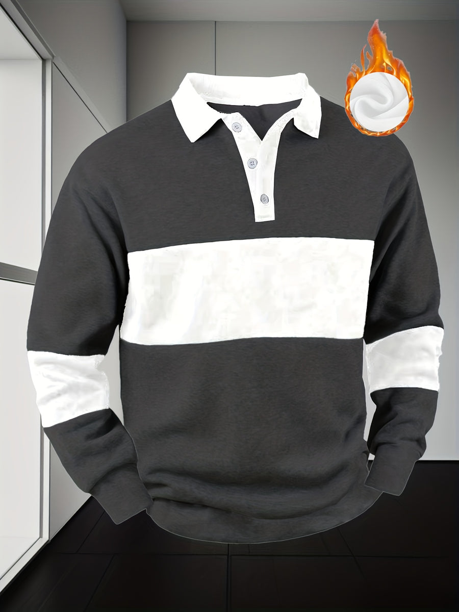 Men'S Casual POLO Shirt with Color Block Design | Button Collar, Loose Fit, Machine Washable, Ideal for Leisure and Gifts - Black