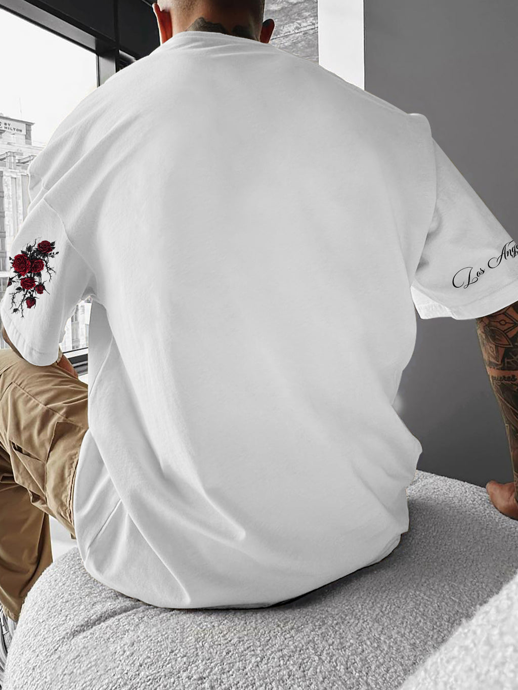 Y2K Gothic Dark Style Red Rose And Thorns Print T-Shirt - Men'S T-Shirt, Round Neck T-Shirt for Men Summer Clothing, Men'S Clothing, Streetwear - White