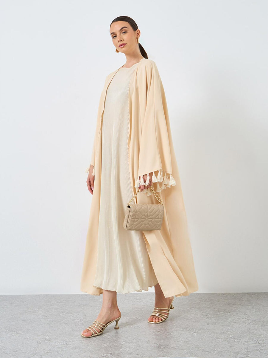 1pc Middle Eastern Ramadan Traditional Dress Elegant Abaya Solid Color Robe Abaya Loose Tassel Kimono Style Cardigan Outer Robe Women - Apricot