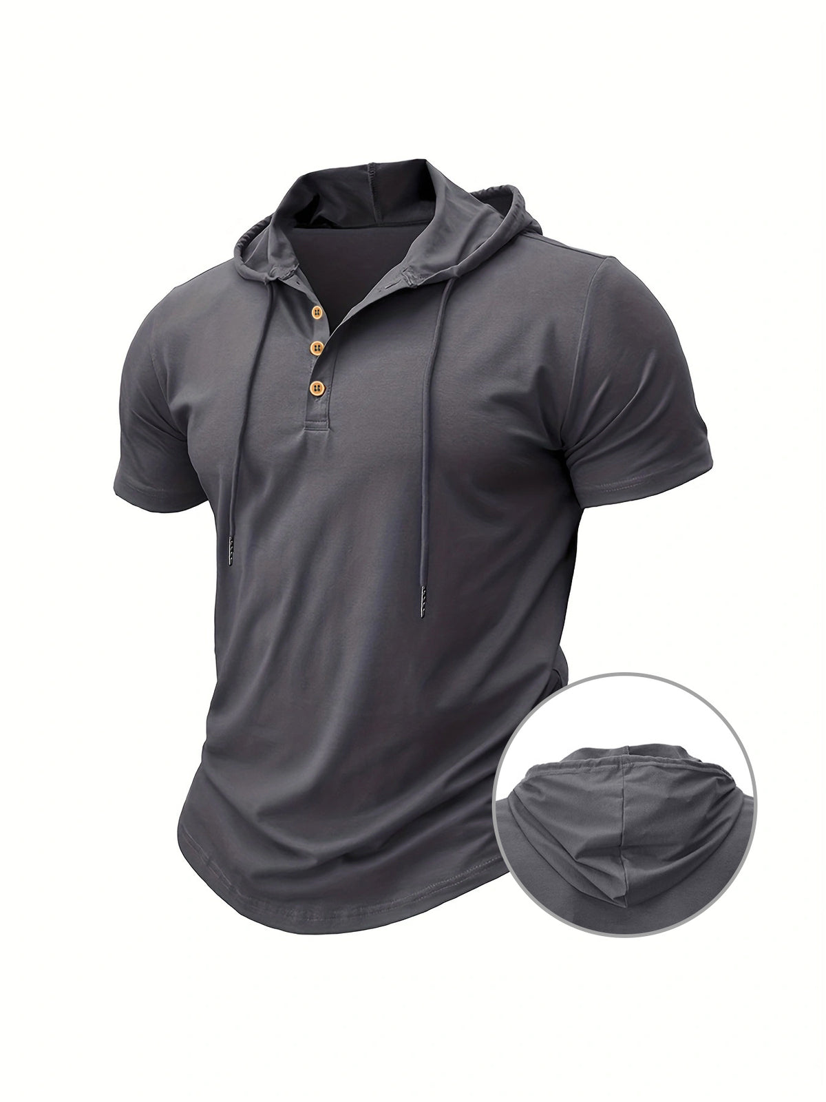 A Single Piece Men'S Casual Hooded Henley Shirt, Lightweight Sports T-Shirt for Summer That Wicks Moisture And Is Breathable, Featuring a Solid Color, Short Sleeves, Button Details at The Neckline, Adjustable Drawstrings for The Hood, Regular Fit - Dark Gray