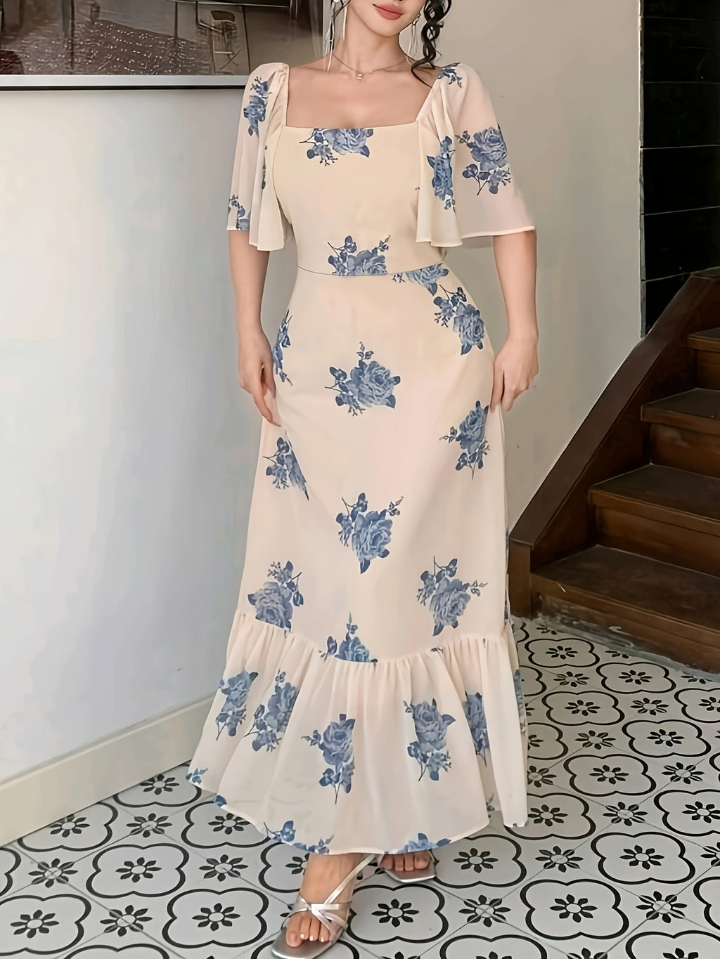 Women's Dress, Small Floral Elegant Dress, Women's Short Sleeve Holiday Dress - Blue