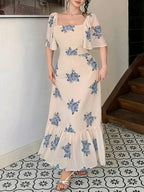 Women's Dress, Small Floral Elegant Dress, Women's Short Sleeve Holiday Dress - Blue