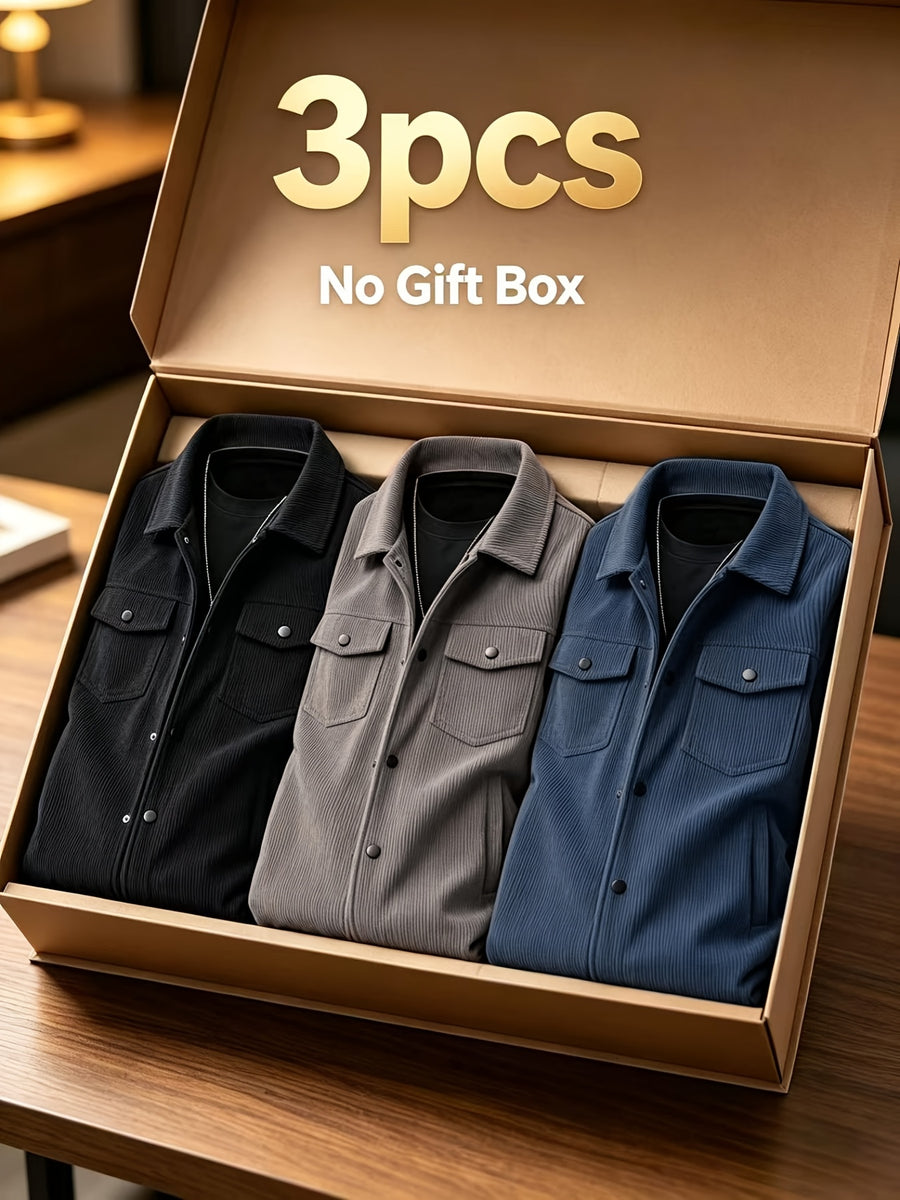 Men'S Spring Autumn Solid Color Long Sleeve Functional Warm Jacket, Corduroy Solid Color Jacket, Lapel Button-Up Design, Fabric Upgrade, Multi-Functional Chest Pockets, Suitable for Casual Daily Wear And Home Wear, Gift Set (3pcs) - Black+gray+blue