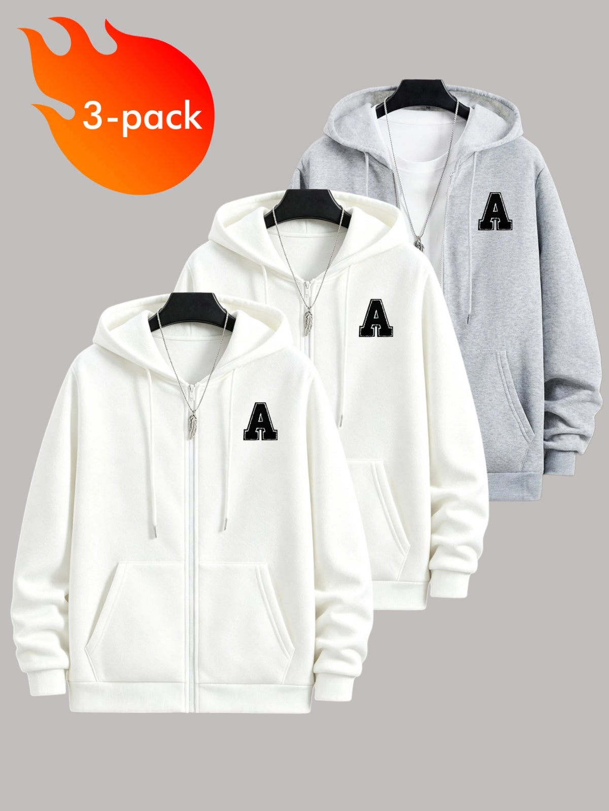 50%, 50% Polyester, 3pcs Men'S Patchwork Warm Fleece Zip-Up Hooded Sweatshirt, Men'S Clothing, Long Sleeve Fleece Jacket, Zip-Up Top, Hooded Sweatshirt, Pockets, Drawstring, Suitable for Outdoor, Casual, Back-To-School Season, Gift for Boyfriend - White+White+Light Gray