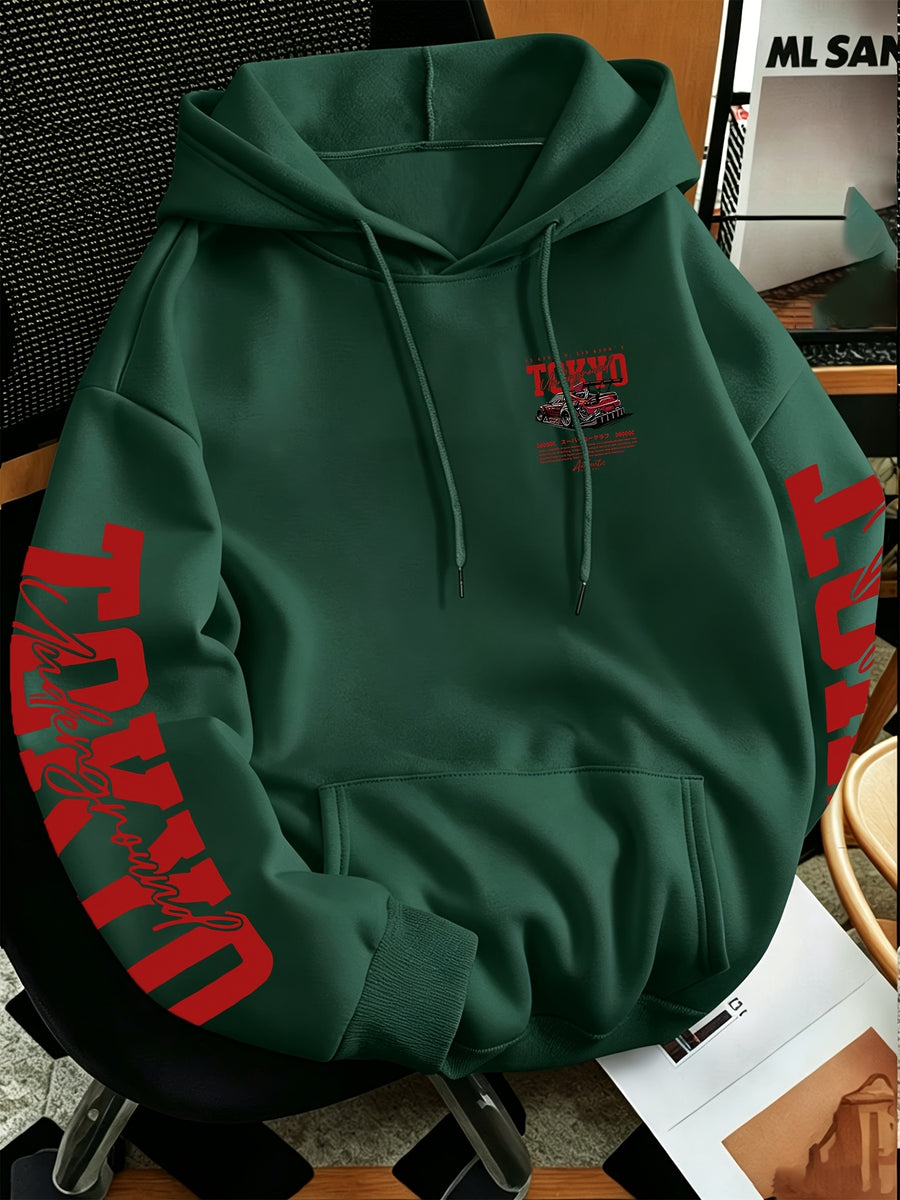 New Autumn/Winter Men's Tokyo Underground Racing Print Hooded Sweatshirt, American Street Style Motorcycle Top - Dark Green