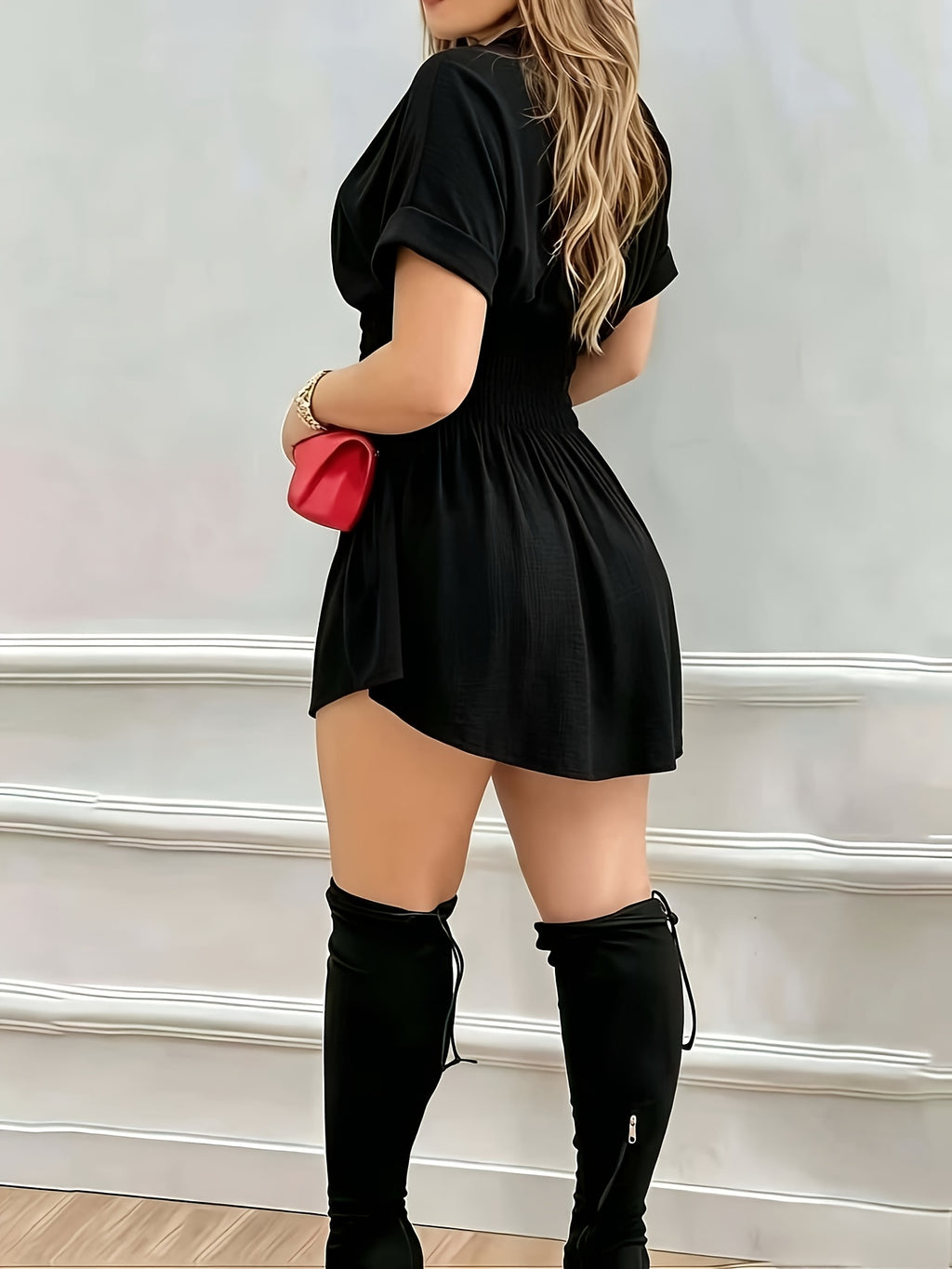 Women's Fashionable Pure-colored Pleated Short-sleeved Shirt Dress - Black
