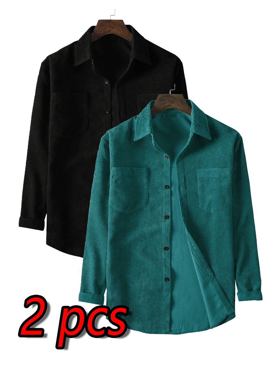 A Two-Piece Set for Men Featuring a Corduroy Button-Up Cardigan with Two Chest Pockets, a Stylish Solid Color Striped Shirt, And Men'S Apparel - Black and Dark Teal Two-piece Set