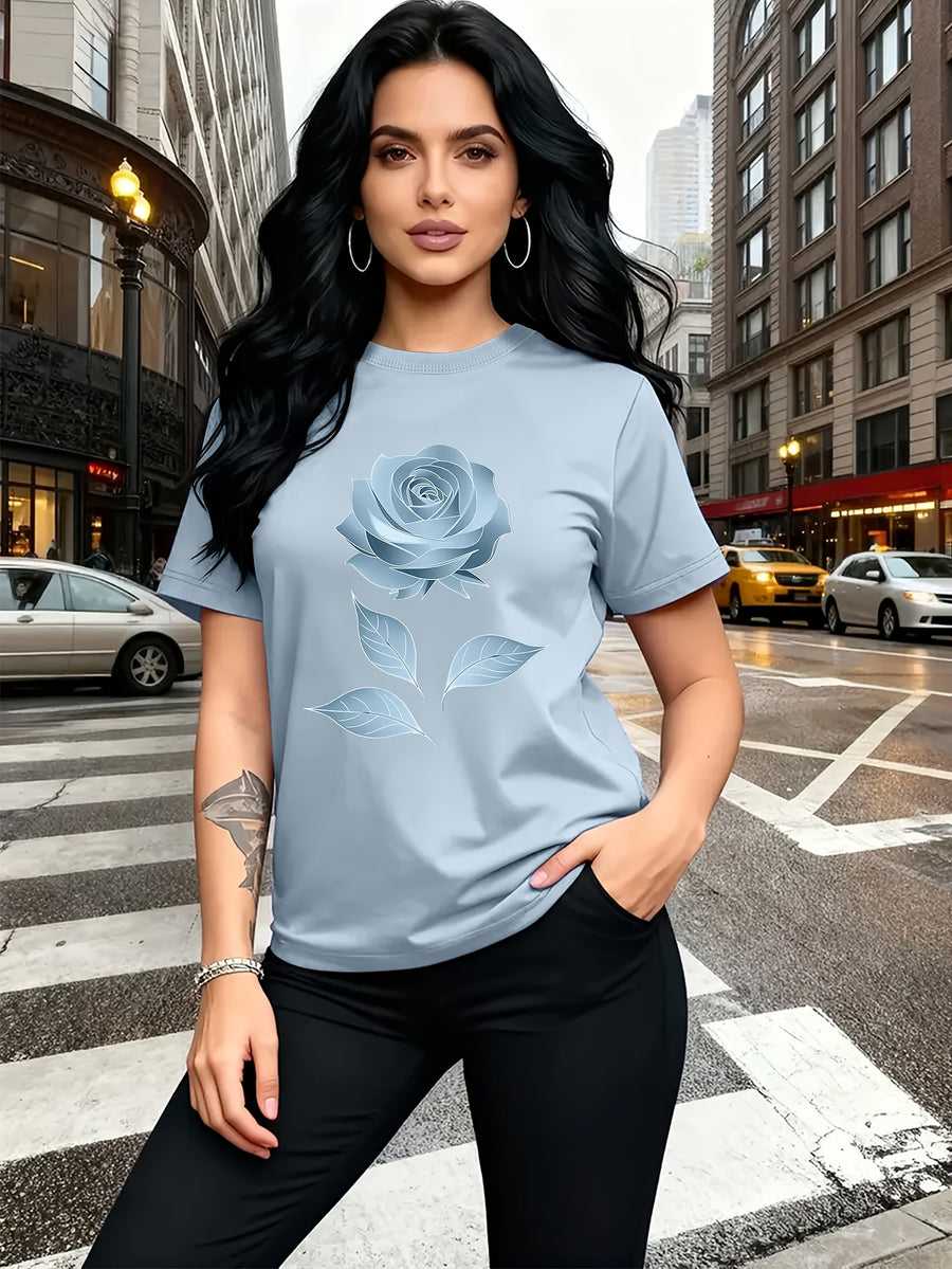 Color Series - Multicolor Light And Dark Gradient Easy Fresh Style Rose Pattern Printed T-Shirt, Casual Outing Wear, Single Wear Or Layered with Jacket, Multi-Layered, Suitable for Travel Vacation, Casual, Free And Unrestrained, Sister Outfit - Light Blue