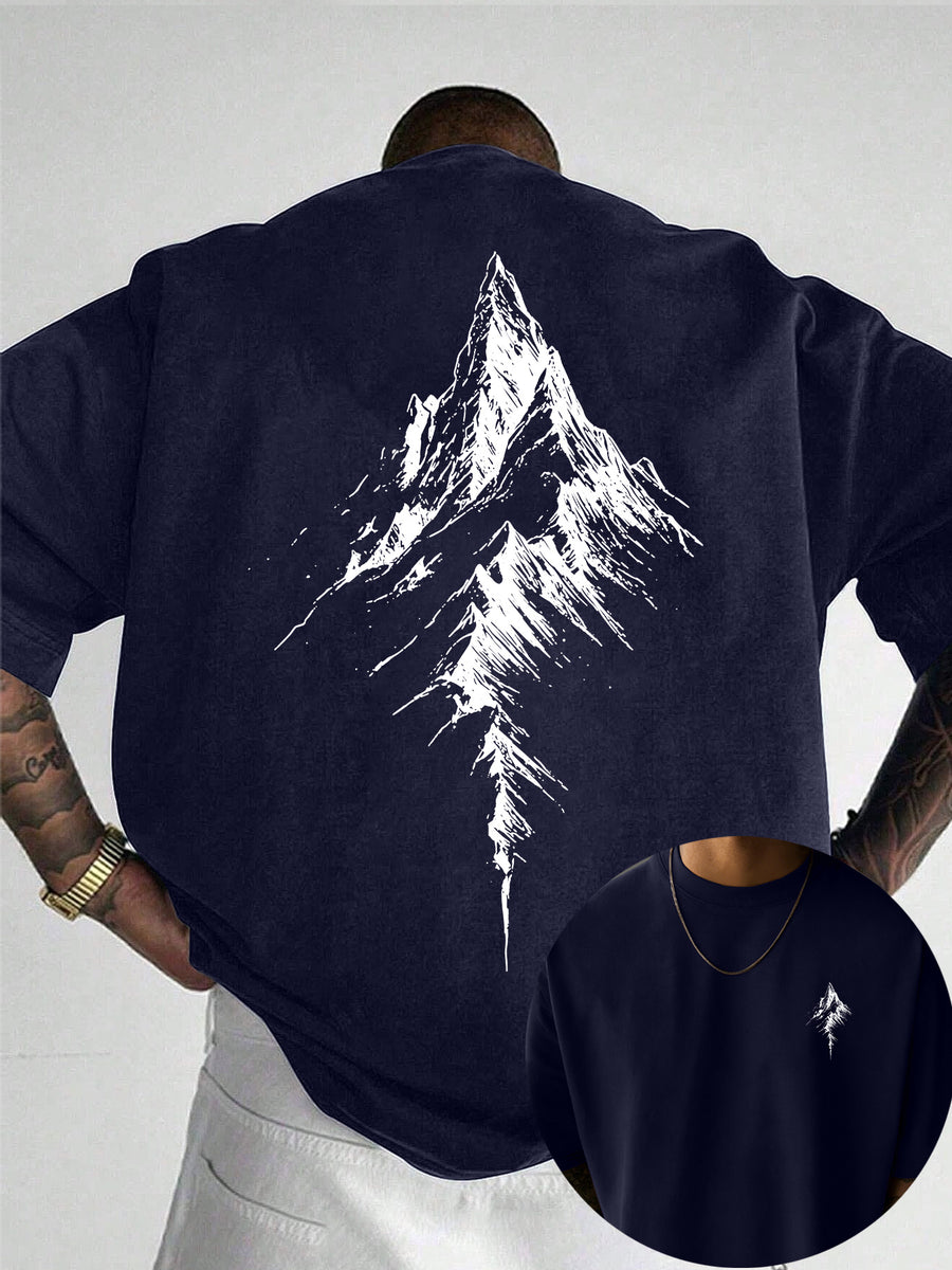 Men's 100% Pure Cotton T-Shirt, Minimalist Mountain Print, Soft and Breathable, Suitable for All Seasons, for Daily Casual and Commuting Wear - Navy blue color