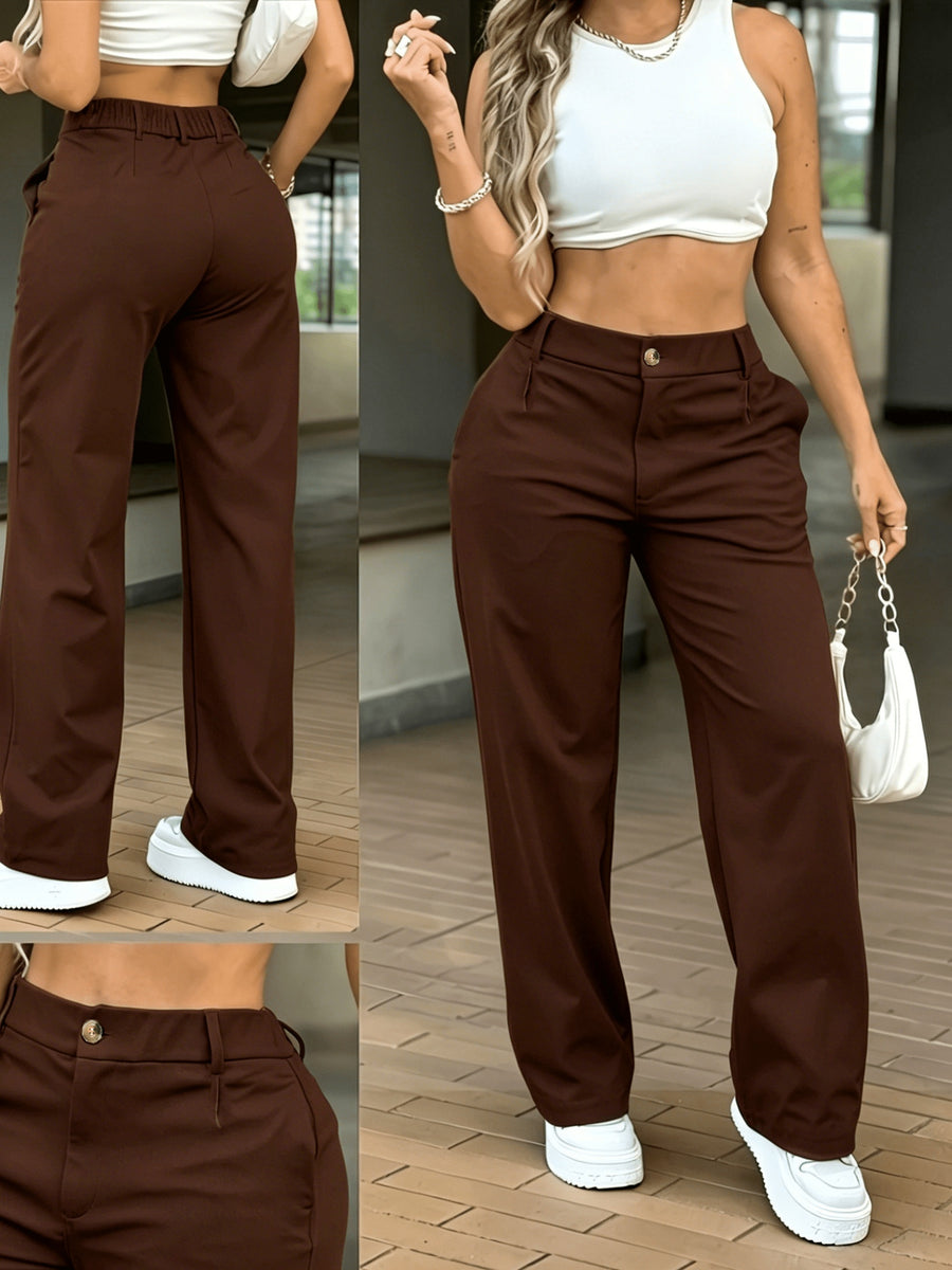 HMY Western Style High-Waist Button-Fly Wide-Leg Trousers, Drape Commute Casual Straight Suit Pants And - Dark Brown