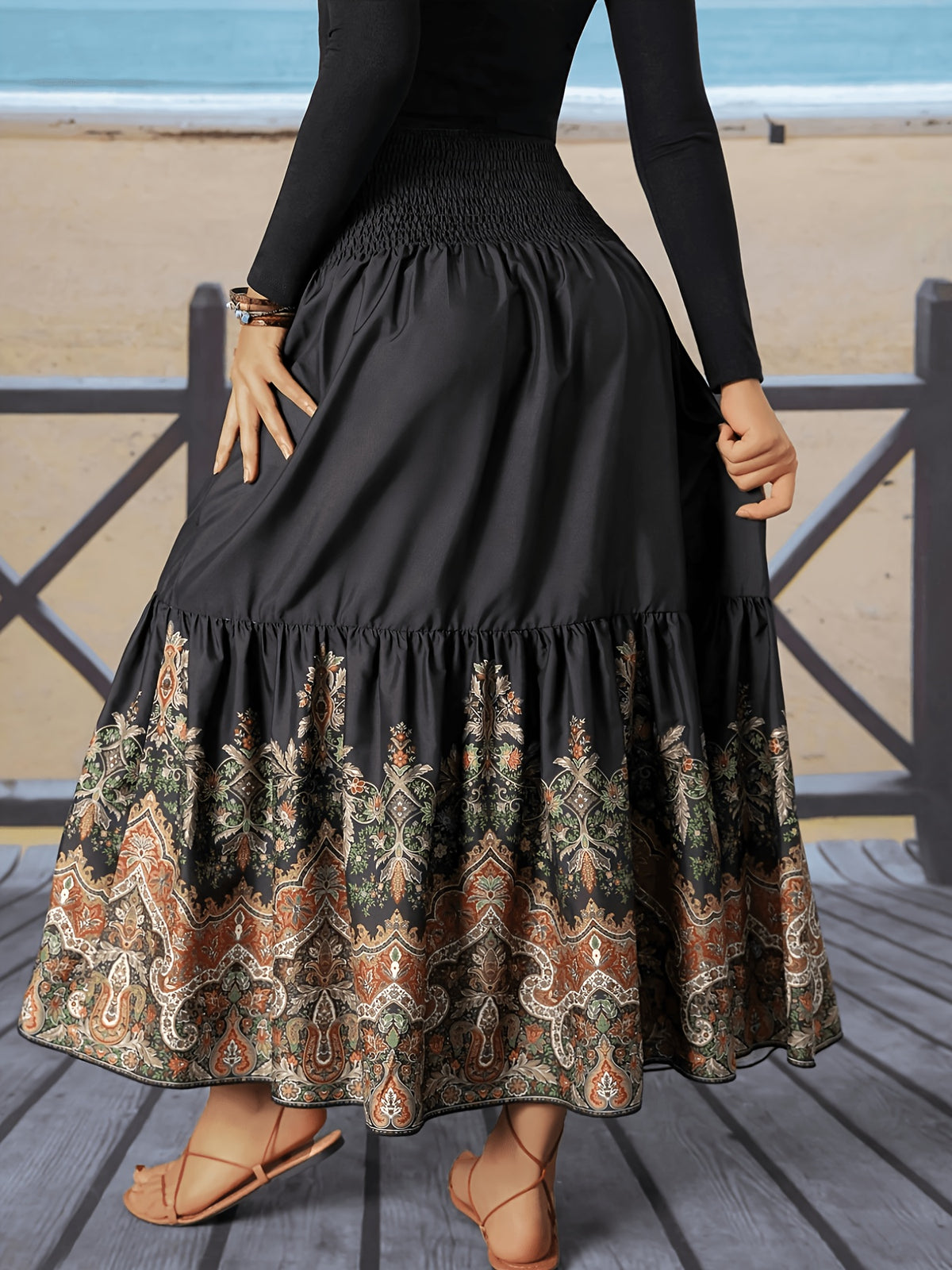 Women'S Bohemian Style High-Waist Ruffled Printed Maxi Dress, Elegant Casual Vacation Beach Style Long Black Spring Summer Fall Winter All-Season Dress - Black