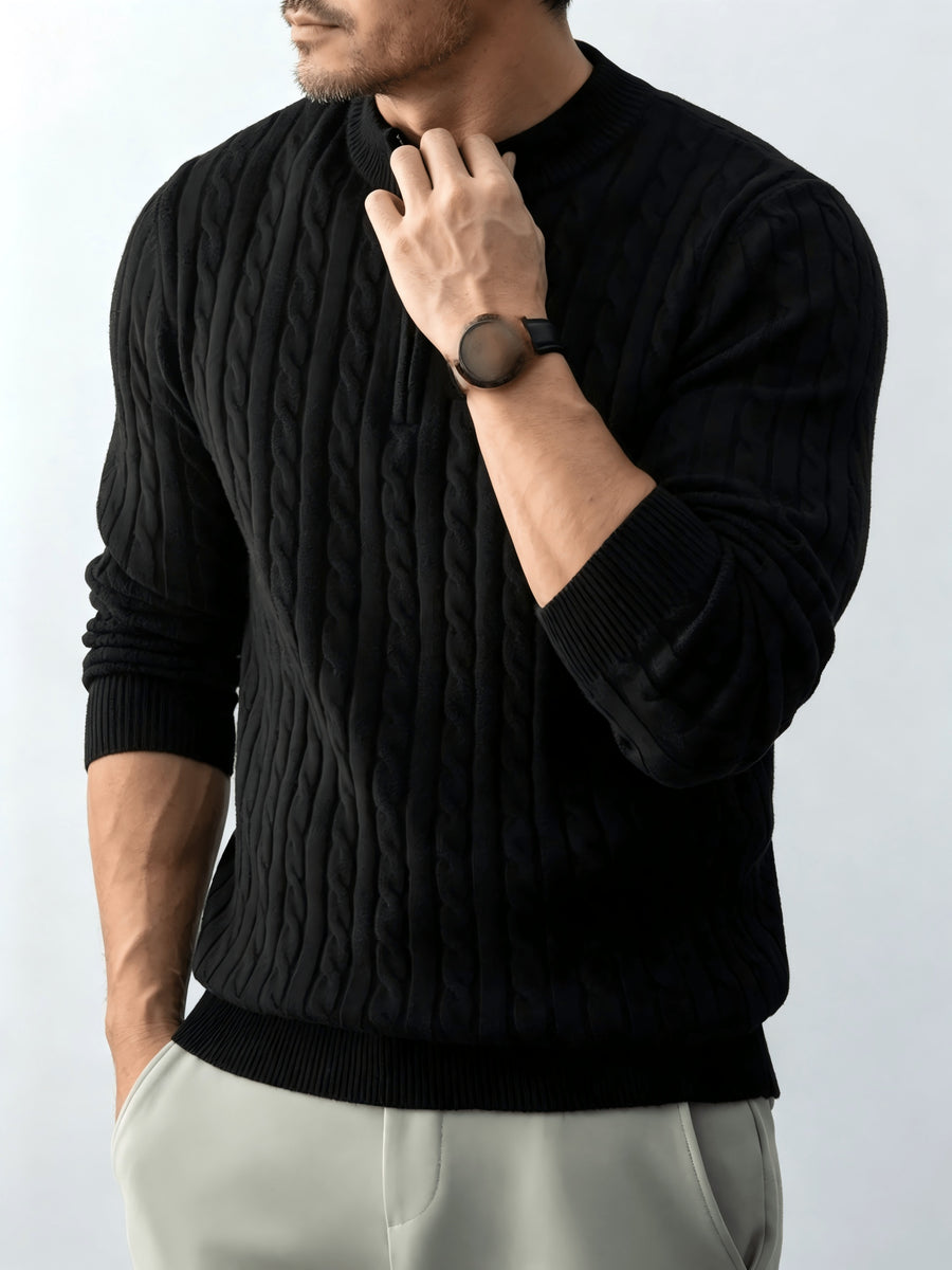 New Spring/Autumn Men's Half-Zip Stand Collar Cable Knit Long-Sleeve Sweater. The Stand Collar and Half-zip Design with Three-dimensional Cable Knitting Make It Suitable for Daily Commutes, Light Business Meetings, and Casual Gatherings - Black