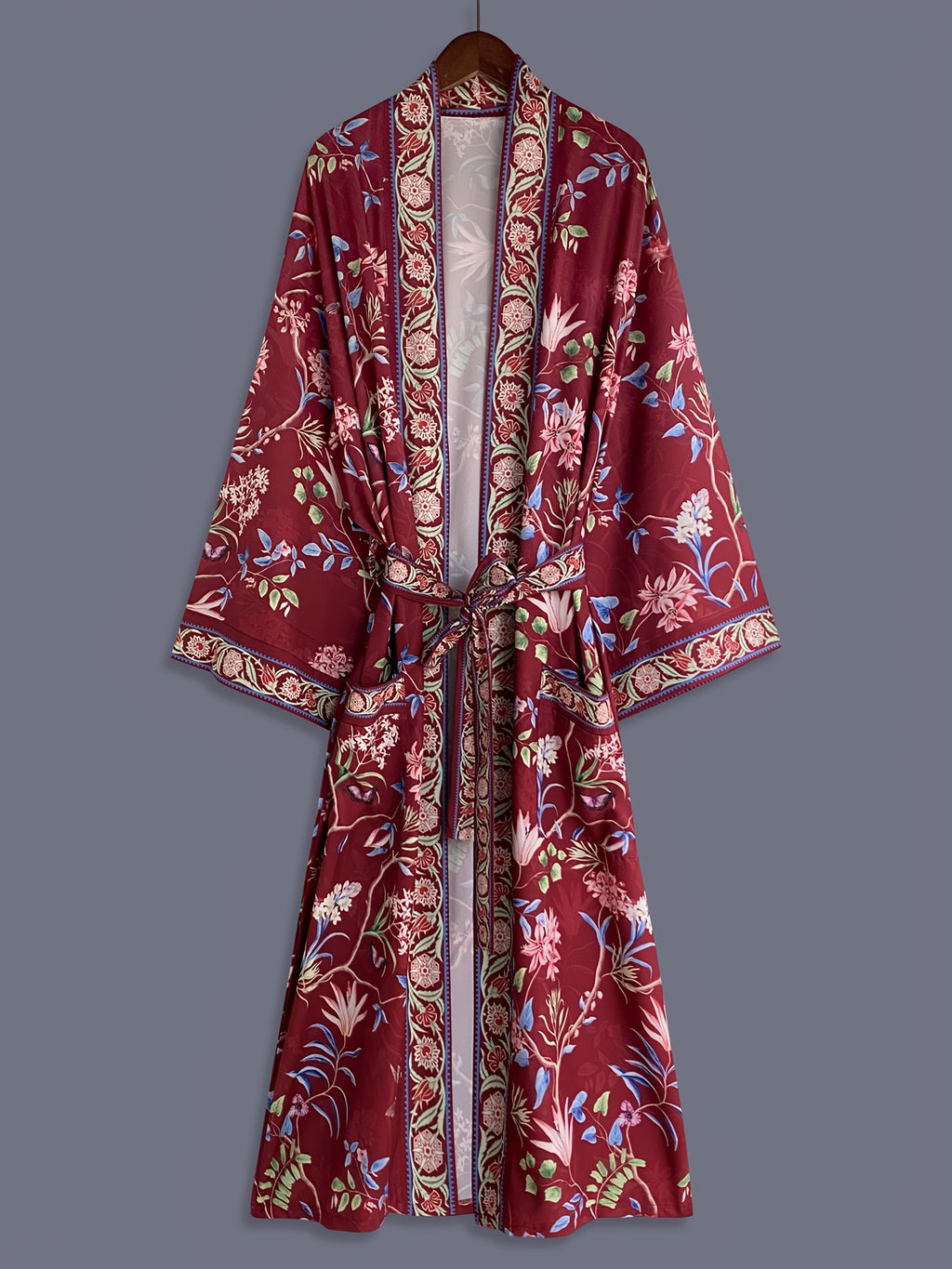 Bohemian Color-Block Small Floral Print Mid-Length Long Sleeve Kimono Cardigan Thin Jacket Women'S Elegant Casual Cover-Up Beach Vacation Resort Shawl Japanese Style Thin Cloak Jacket Hem Slit Pockets Home Bathrobe Belt Bathrobe Cover-Up Robe - Burgundy