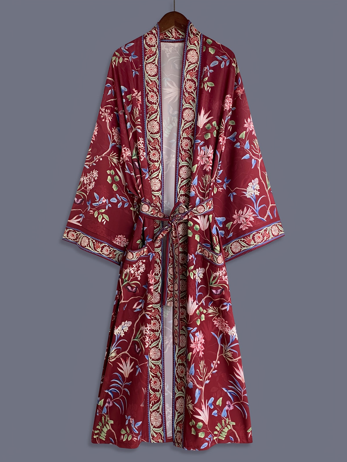 Bohemian Color-Block Small Floral Print Mid-Length Long Sleeve Kimono Cardigan Thin Jacket Women'S Elegant Casual Cover-Up Beach Vacation Resort Shawl Japanese Style Thin Cloak Jacket Hem Slit Pockets Home Bathrobe Belt Bathrobe Cover-Up Robe - Burgundy