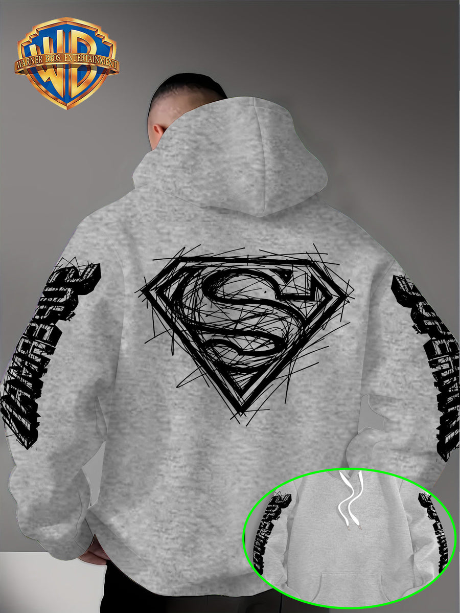 Warner Bros Official Superman Logo Print Men's Trendy Hooded Sweatshirt, Featuring Sleeve Print Design, Kangaroo Pocket, and Drawstring Hood, Suitable for Daily Wear in Autumn and Winter as Well as Outdoor Sports - a Must-have Item for Trend - Grey