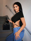 Women'S Leisure Sexy Solid Color Hollow Out Waist Short Sleeve Jumpsuit - Black