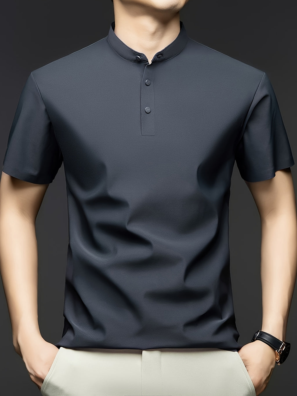 Summer Short-Sleeve T-Shirt for Men, Featuring a Solid Color, Breathable Fabric, And a Small Stand-Up Collar - Dark Gray