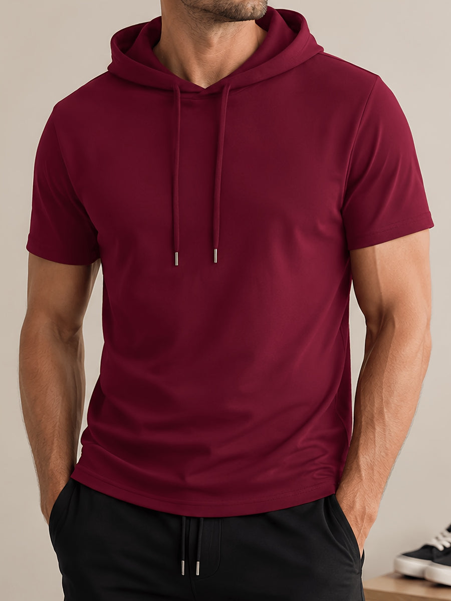 Men's Lightweight Breathable Short-Sleeve Hooded Sweatshirt - Solid Color Loose Fit Hoodie Suitable for Gym, Running, Outdoor Commuting | Machine Washable Pullover Hooded T-Shirt for Youth &, Basic Versatile Casual Wear - Burgundy