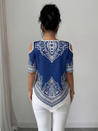 Women's Elegant Asymmetrical Hem Blouse Top - Short Sleeve Round Neck Church Shirt with Asymmetrical Hemline, Black & White Print Suitable for Commuting, Church Events, Casual Outfits, Spring Summer Fall Wardrobe Essential - Blue