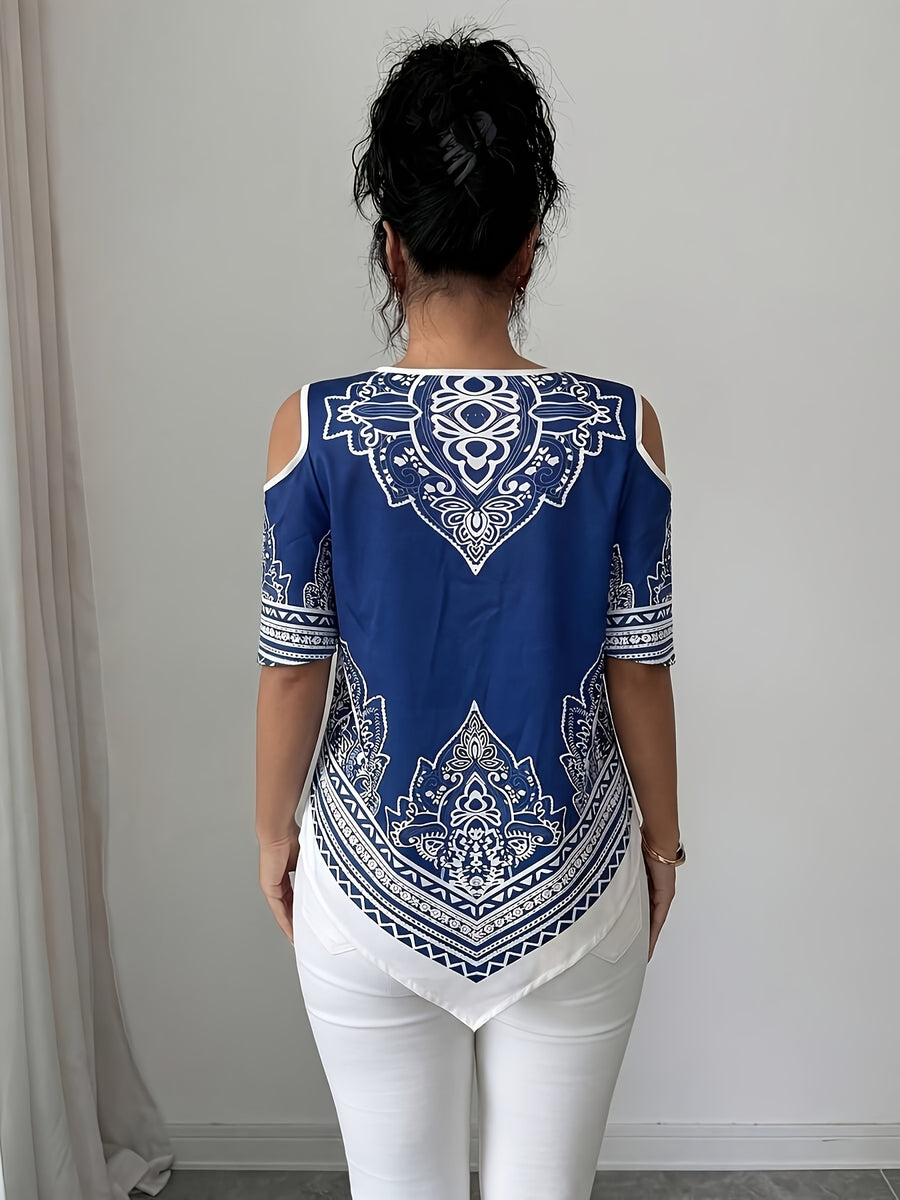 Women's Elegant Asymmetrical Hem Blouse Top - Short Sleeve Round Neck Church Shirt with Asymmetrical Hemline, Black & White Print Suitable for Commuting, Church Events, Casual Outfits, Spring Summer Fall Wardrobe Essential - Blue