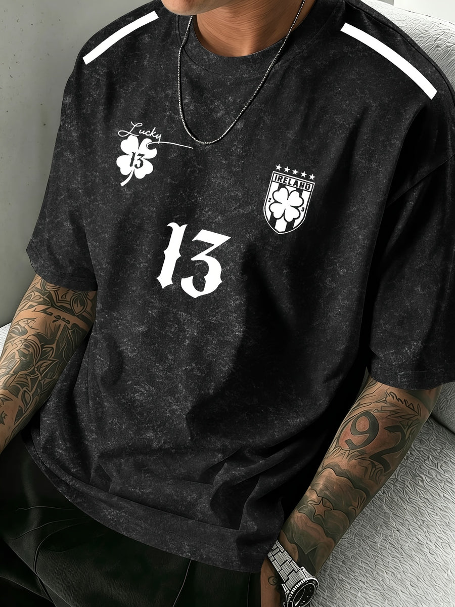 Men's Round-neck Graphic Print Short-sleeve T-shirt, Suitable for Summer Casual Sports - Black