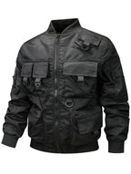 Men's Functional Style Baseball Collar Workwear Jacket, Trendy Multi-Pocket Design, Vintage Pilot Jacket Style, Suitable for Spring and Autumn, Daily Outings, and Outdoor Commuting Workwear Jacket - Black