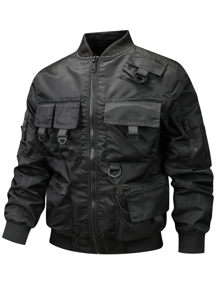 Men's Functional Style Baseball Collar Workwear Jacket, Trendy Multi-Pocket Design, Vintage Pilot Jacket Style, Suitable for Spring and Autumn, Daily Outings, and Outdoor Commuting Workwear Jacket - Black