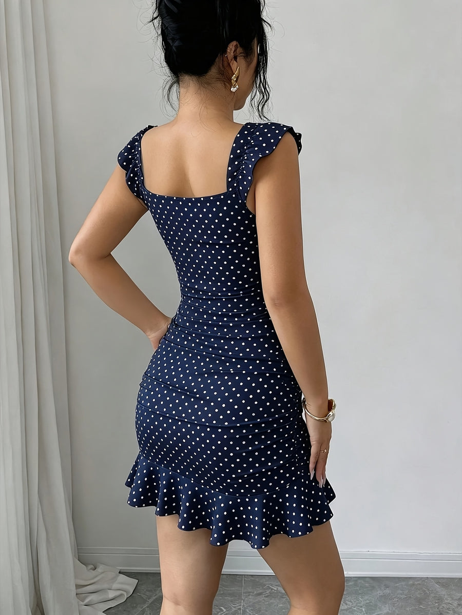 Women'S Vintage Ruffled Hem Fitted A-Line Dress, Elegant Sexy French Waist-Cinching Tight Summer Dress - Navy Color