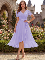 Women'S Elegant V-Neck Lace Chiffon Ruffled Trim Slit Wedding Party Long Dress - Light Purple