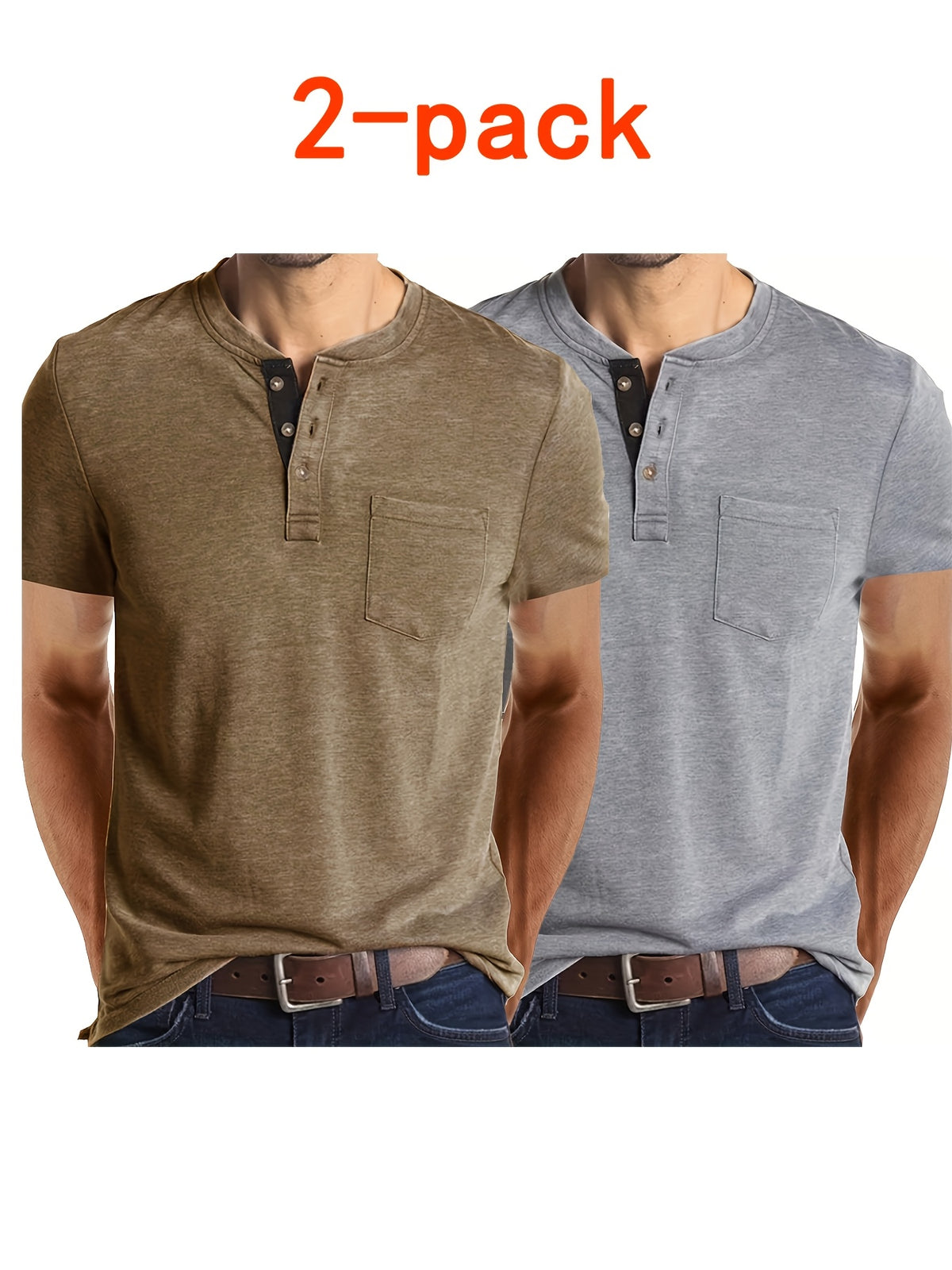 Summer Henry Short Sleeve Two-Piece Set - Khaki Gray