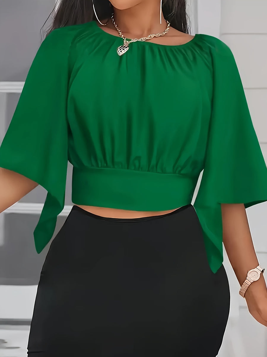 Tie Back Ruched Blouse, Elegant Solid Color Blouse For Spring & Summer, Women's Clothing - Green