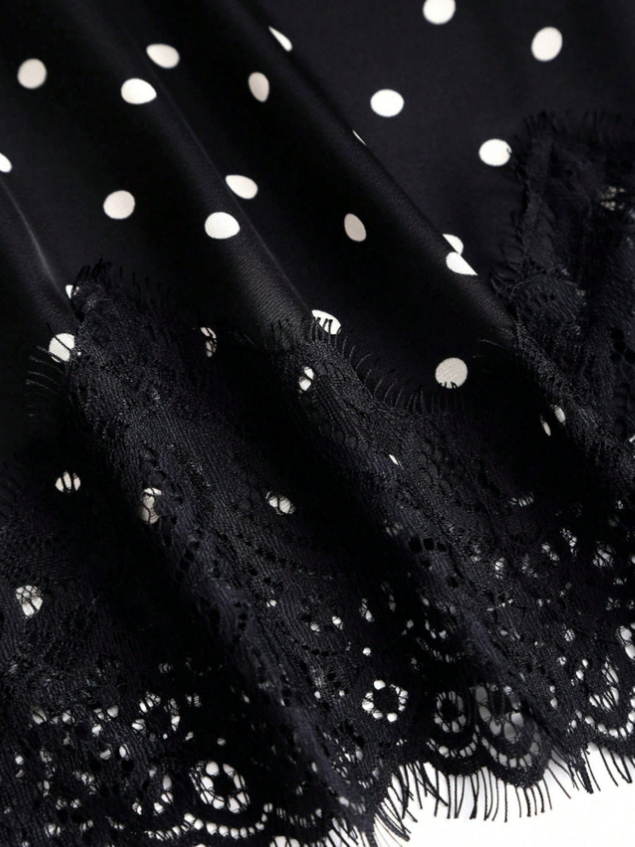 New Women'S Fashion Commuter Polka Dot High-Waist Slim-Fit Hem Lace Trim Half-Skirt, Suitable for Dating, Shopping, Vacation, Matching - Black And White
