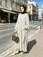 2026 New Loose, Casual And Fashionable, Commuting All-Purpose Long Two-Piece Set with Round Neck And Golden Button Pocket Design - 8075 Light Khaki