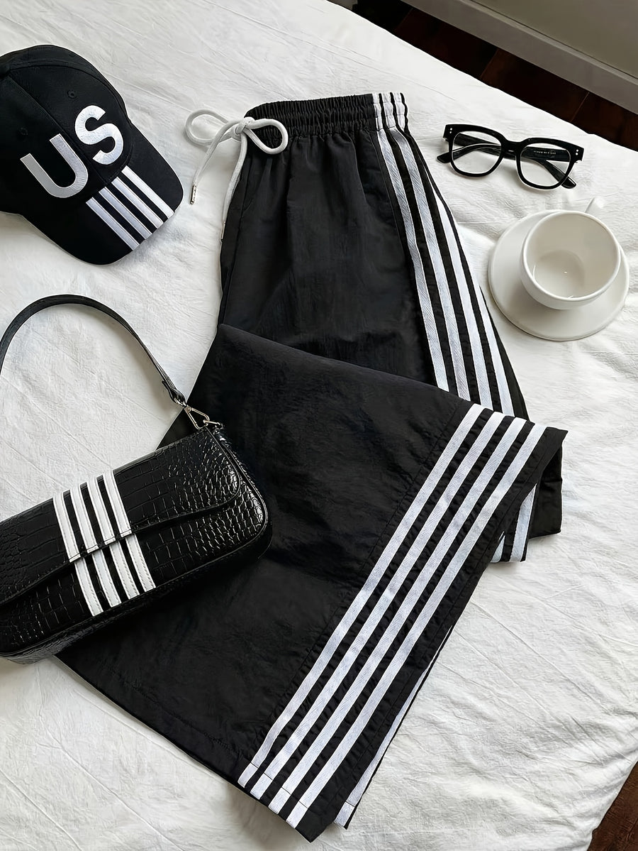 Reading Week Apparel, Back-to- Season, One Pair of 2026 Spring/Summer New Style Casual Sporty Fashionable Comfortable and Beautiful Women's Long Pants with Contrast Color and Drawstring Waist, Suitable as a Holiday Gift for Women's Clothing - Black+White