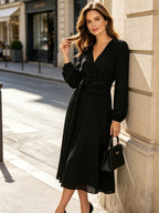 Womens Casual Midi Dress V Neck Long Sleeve Pleated High Waist Wedding Guest Dresses for Women - Black