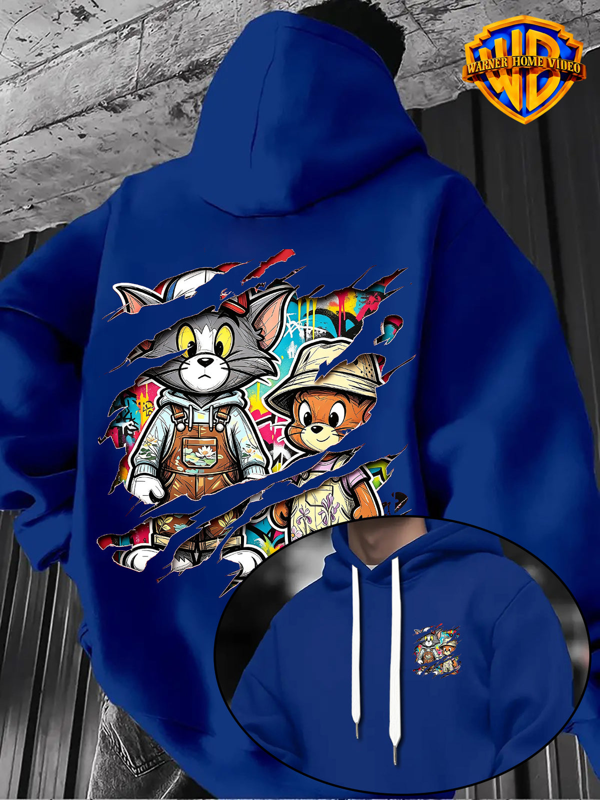 Warner Bros Official 1pc Vintage Painted Cartoon Character Trendy Casual Hoodie - Men's Fashion Hoodie, Adjustable Drawstring Loose and Comfortable Sweatshirt, Suitable for Daily and Outdoor Sports Wear, the Perfect Choice for Warmth in Autumn - Blue