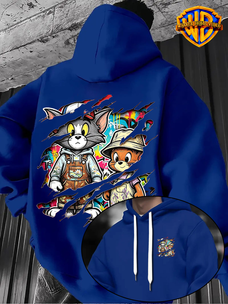 Warner Bros Official 1pc Vintage Painted Cartoon Character Trendy Casual Hoodie - Men's Fashion Hoodie, Adjustable Drawstring Loose and Comfortable Sweatshirt, Suitable for Daily and Outdoor Sports Wear, the Perfect Choice for Warmth in Autumn - Blue