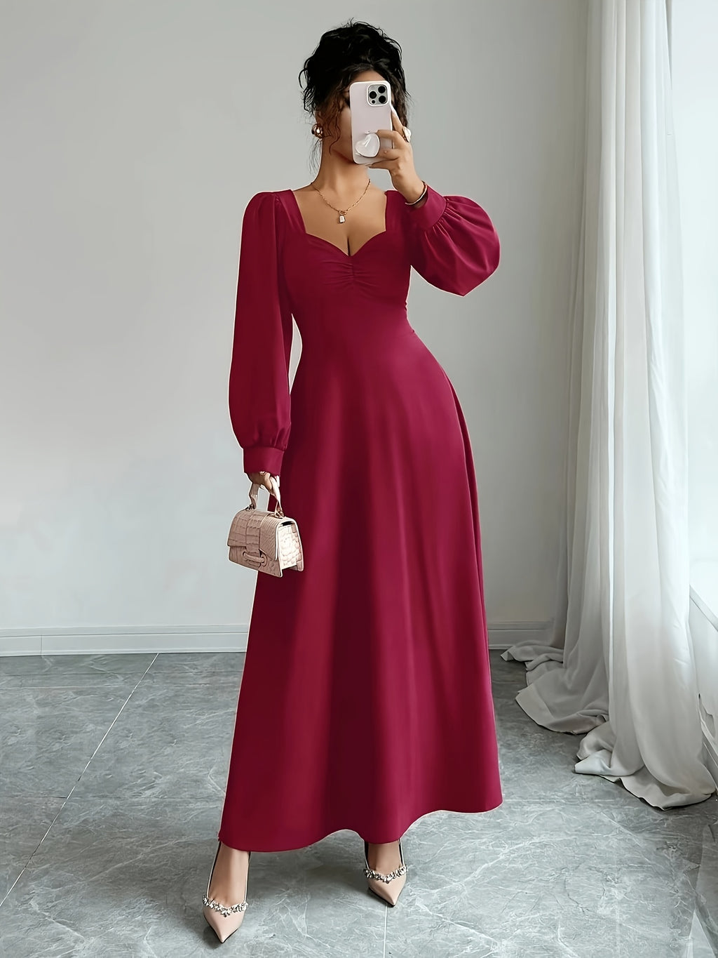 Solid Color Sweetheart Neckline Ruffled Long Dress, Lantern Puff Sleeve Waist-Cinching Flowing A-Line Women'S Dress, Suitable for Wedding Guests, Evening Parties, Office Commute, Dinner Dates, And Casual Outings - Red