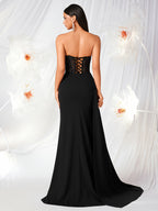 Tube Top with Small V-Neck, Mesh Panel, Sheer Long Ribbon, Slit, and Back Tie for Prom, Party, Formal Dress, Graduation Ball, Birthday Party, Evening Date, Back-to- Party, Wedding Guest, and Formal Dinner - Black